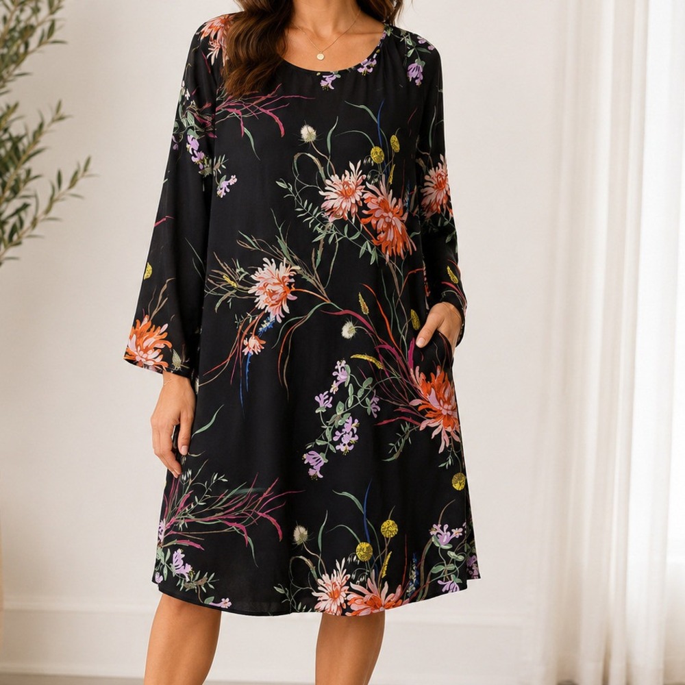 H&M Floral Print Long Sleeve Shift Dress Black‎ lXL Round Neck Mini Dress